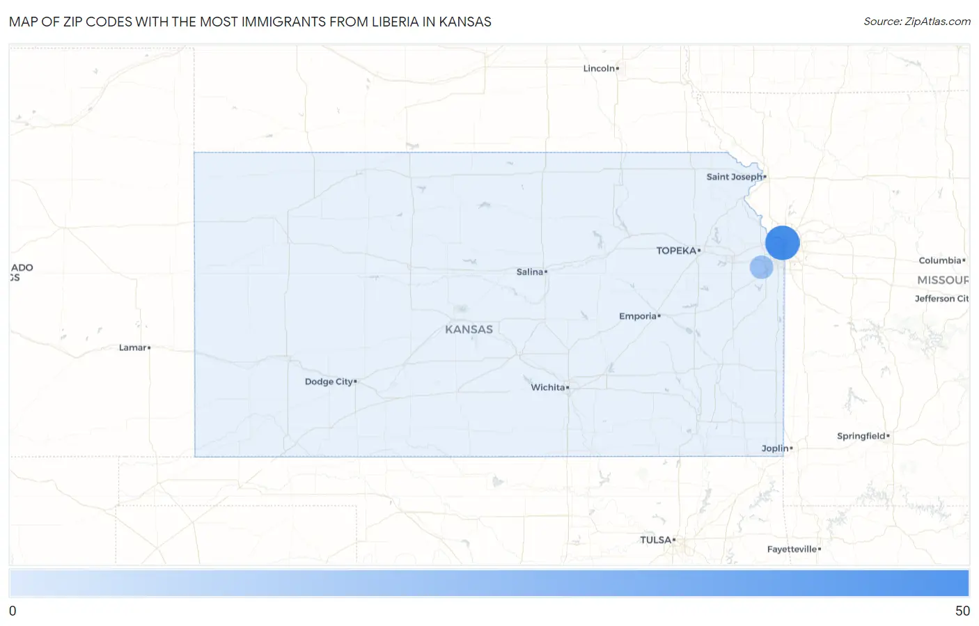 Zip Codes with the Most Immigrants from Liberia in Kansas Map