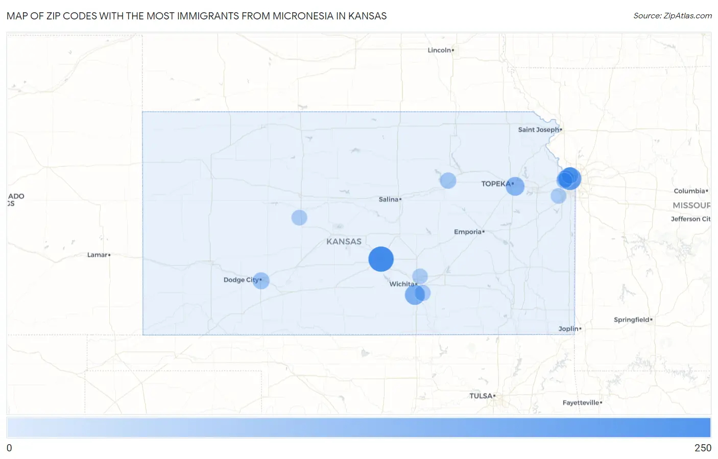 Zip Codes with the Most Immigrants from Micronesia in Kansas Map
