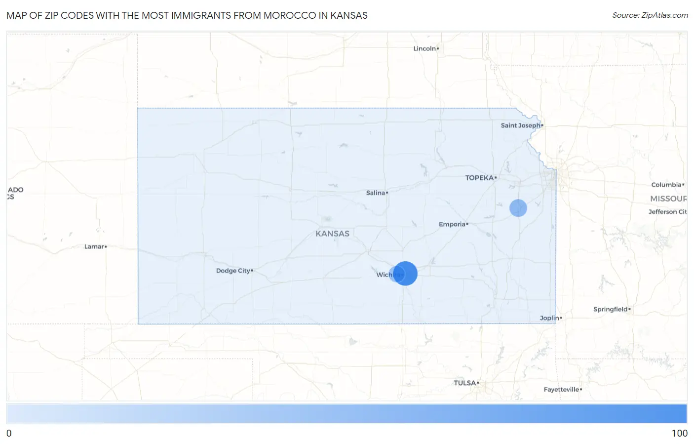 Zip Codes with the Most Immigrants from Morocco in Kansas Map