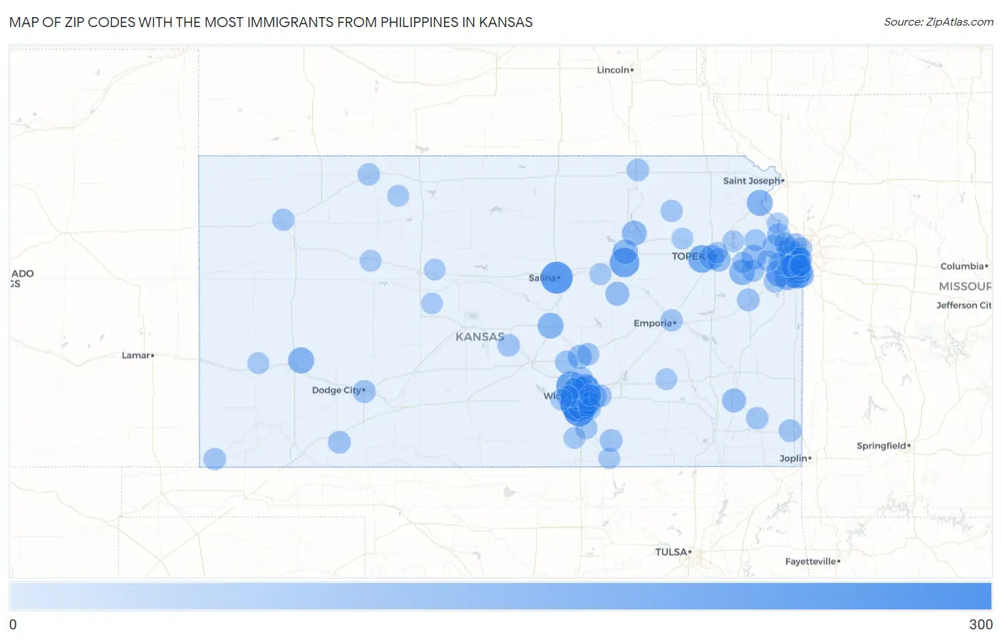 Zip Codes with the Most Immigrants from Philippines in Kansas Map