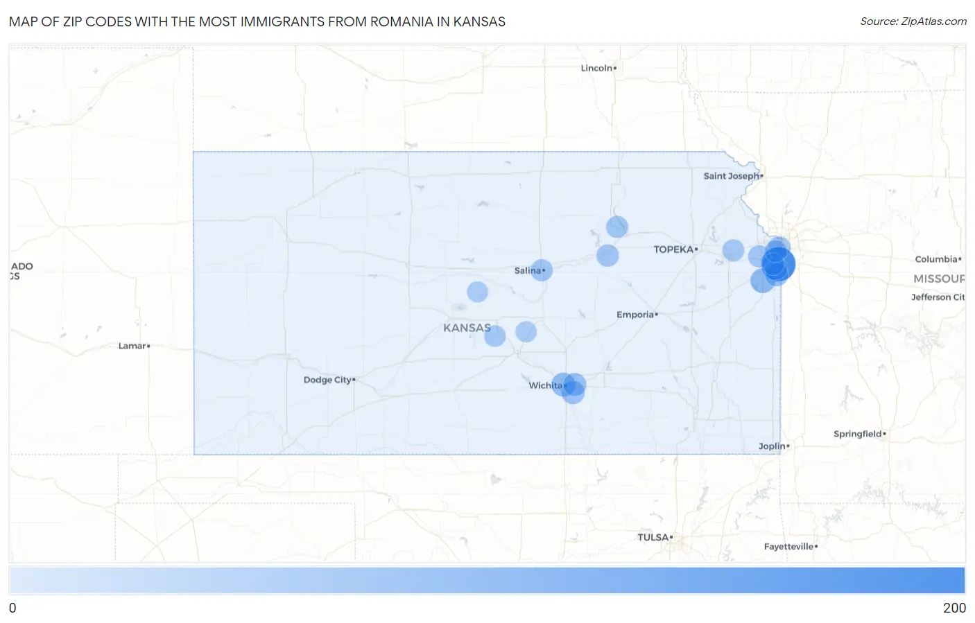 Zip Codes with the Most Immigrants from Romania in Kansas Map