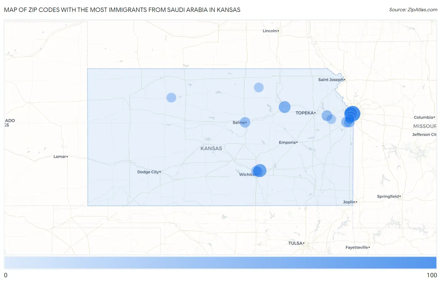 Zip Codes with the Most Immigrants from Saudi Arabia in Kansas Map