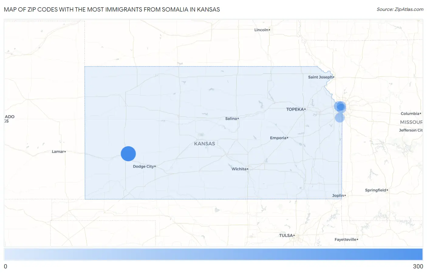 Zip Codes with the Most Immigrants from Somalia in Kansas Map