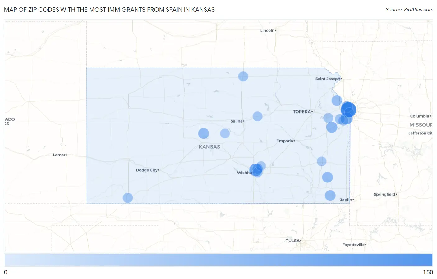 Zip Codes with the Most Immigrants from Spain in Kansas Map
