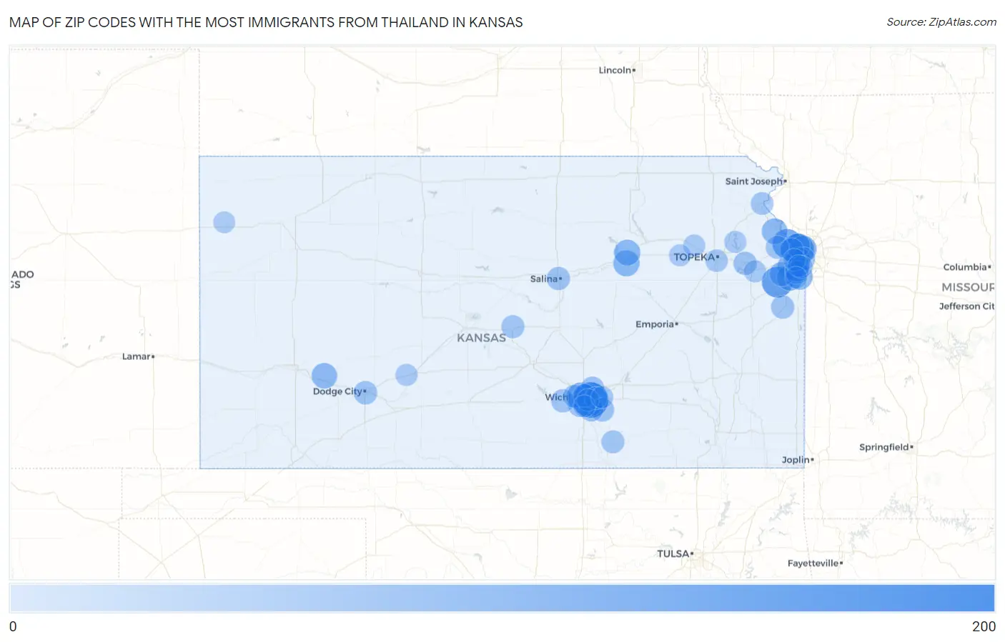 Zip Codes with the Most Immigrants from Thailand in Kansas Map