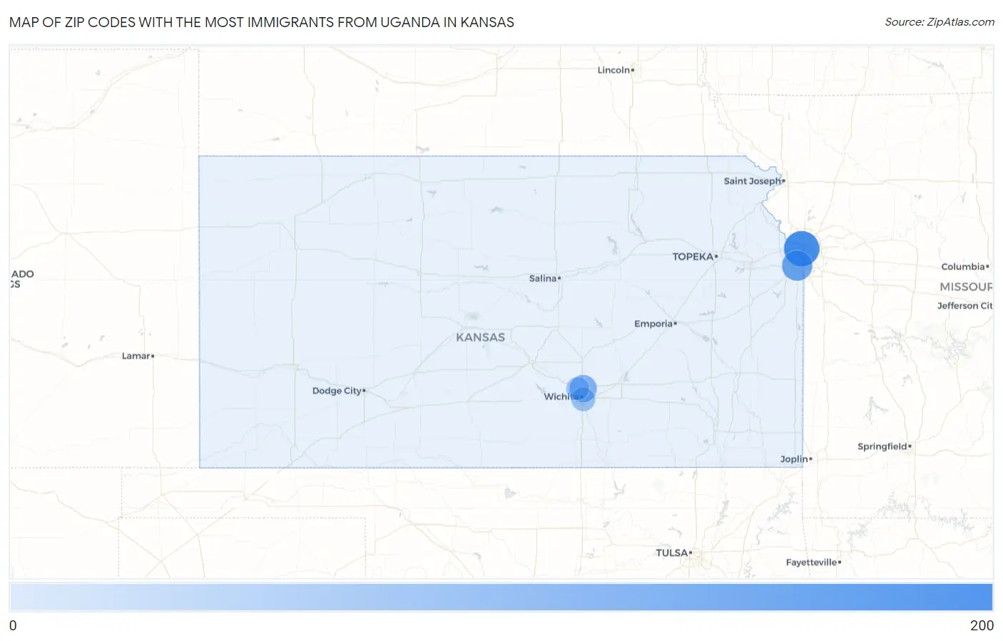 Zip Codes with the Most Immigrants from Uganda in Kansas Map