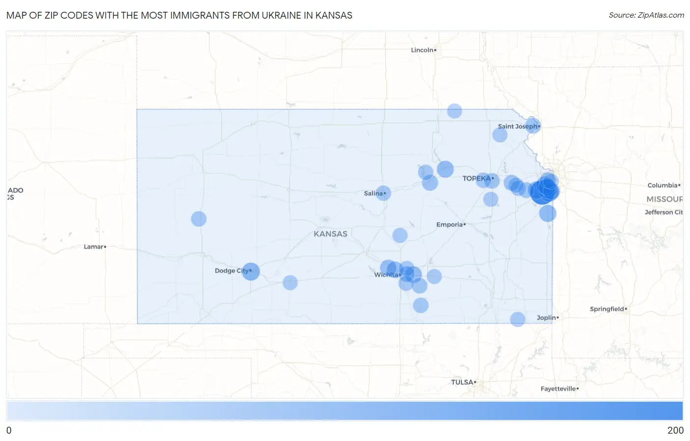Zip Codes with the Most Immigrants from Ukraine in Kansas Map
