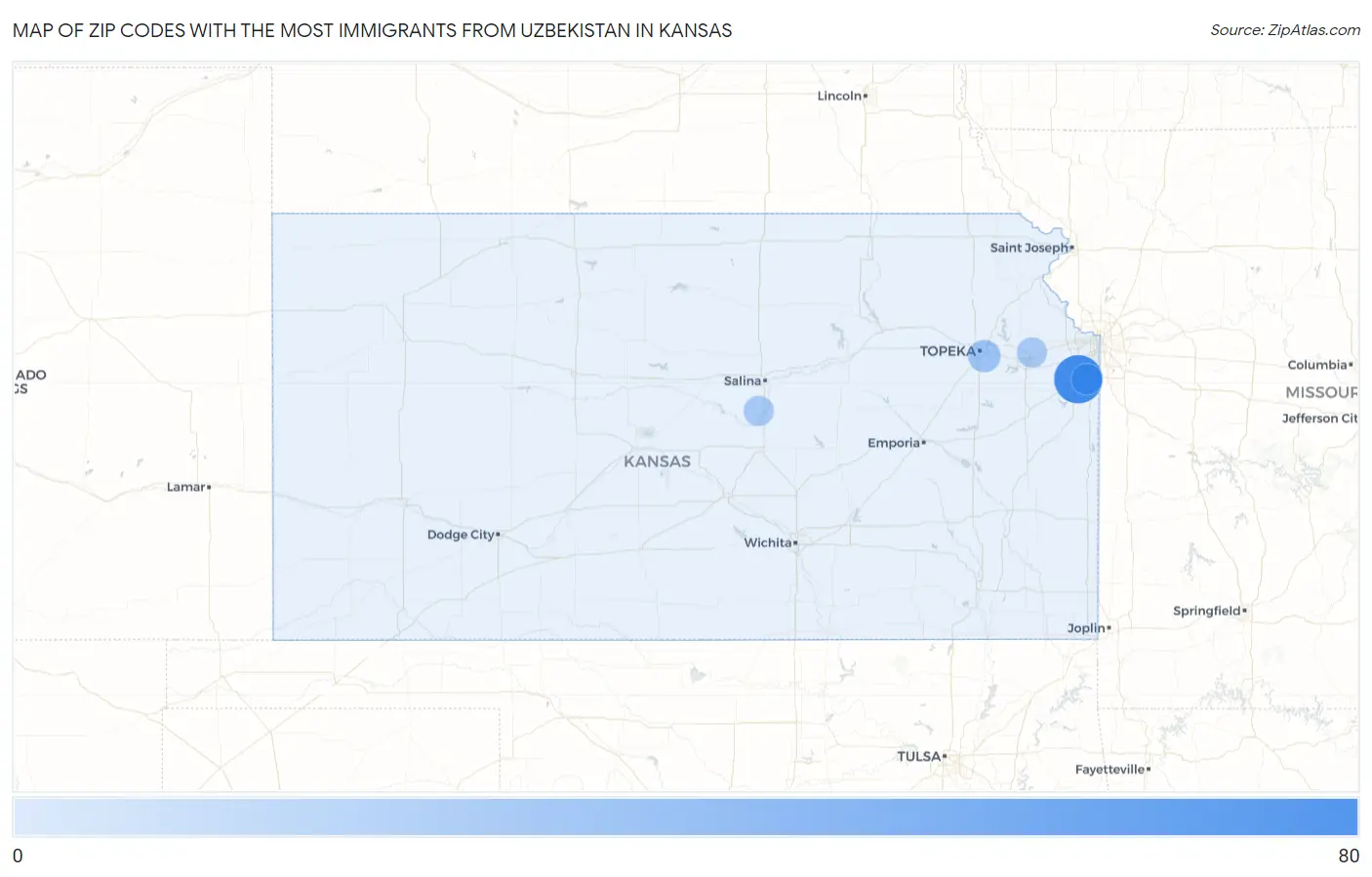 Zip Codes with the Most Immigrants from Uzbekistan in Kansas Map
