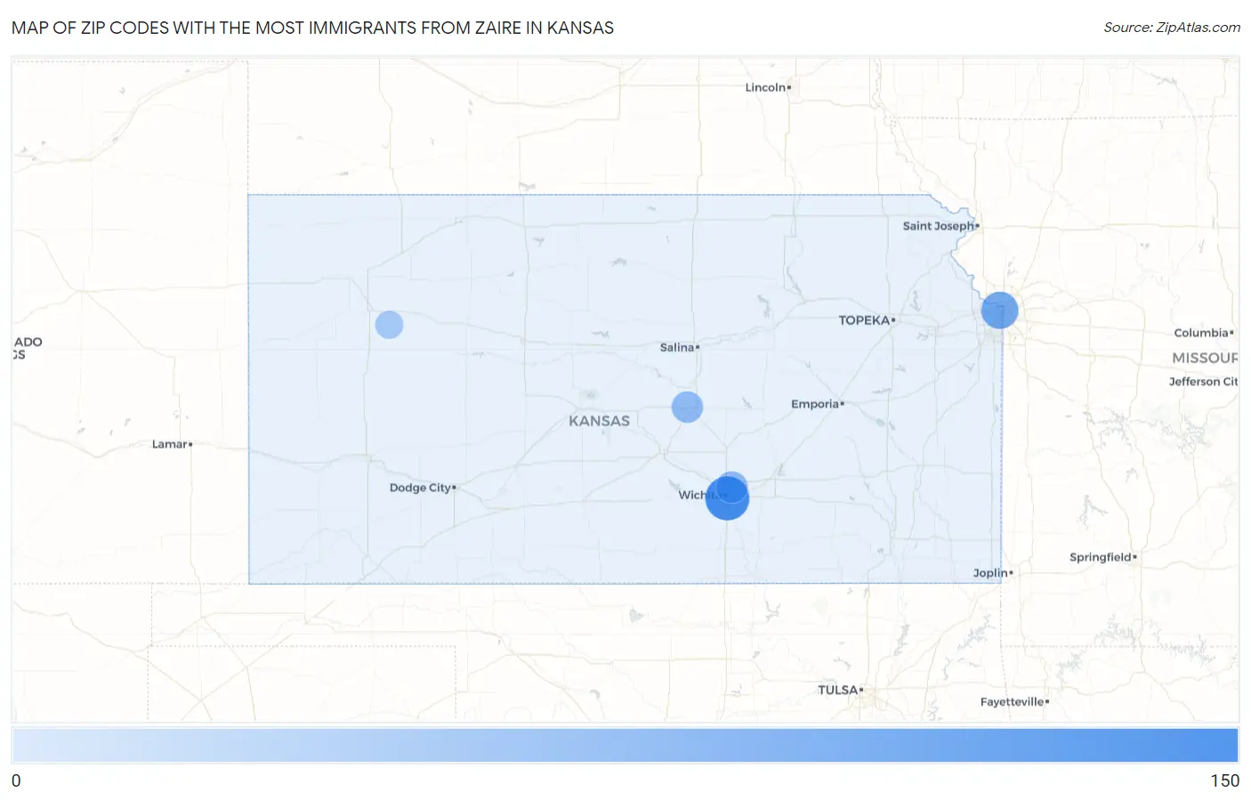 Zip Codes with the Most Immigrants from Zaire in Kansas Map