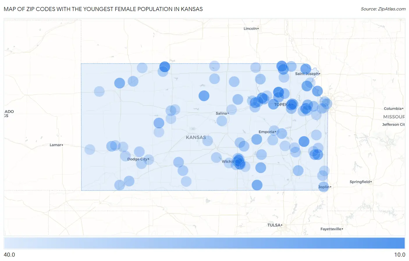 Zip Codes with the Youngest Female Population in Kansas Map