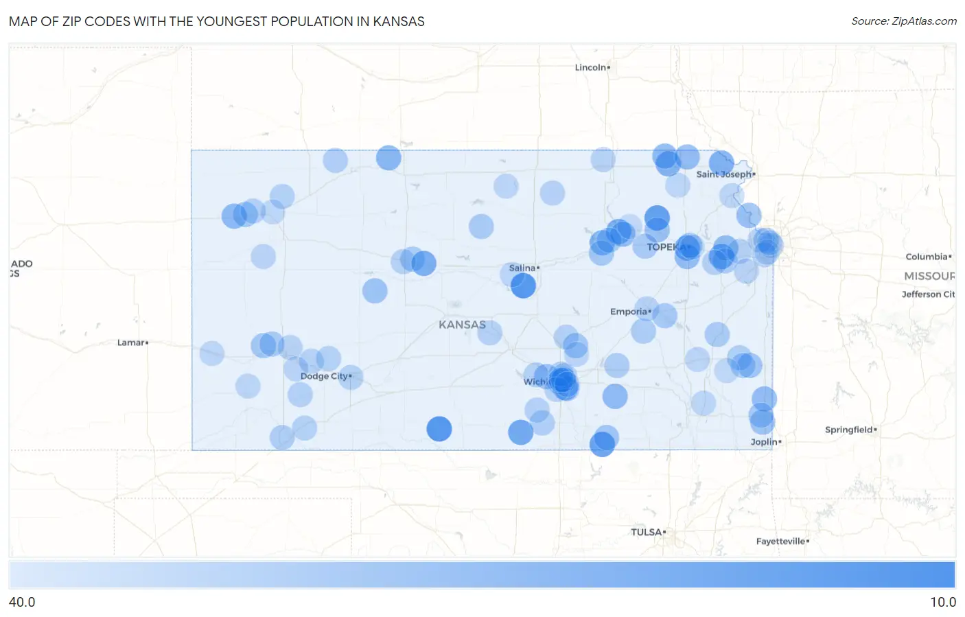 Zip Codes with the Youngest Population in Kansas Map