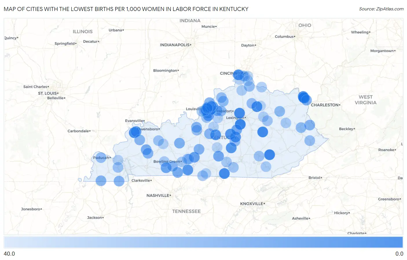 Cities with the Lowest Births per 1,000 Women in Labor Force in Kentucky Map