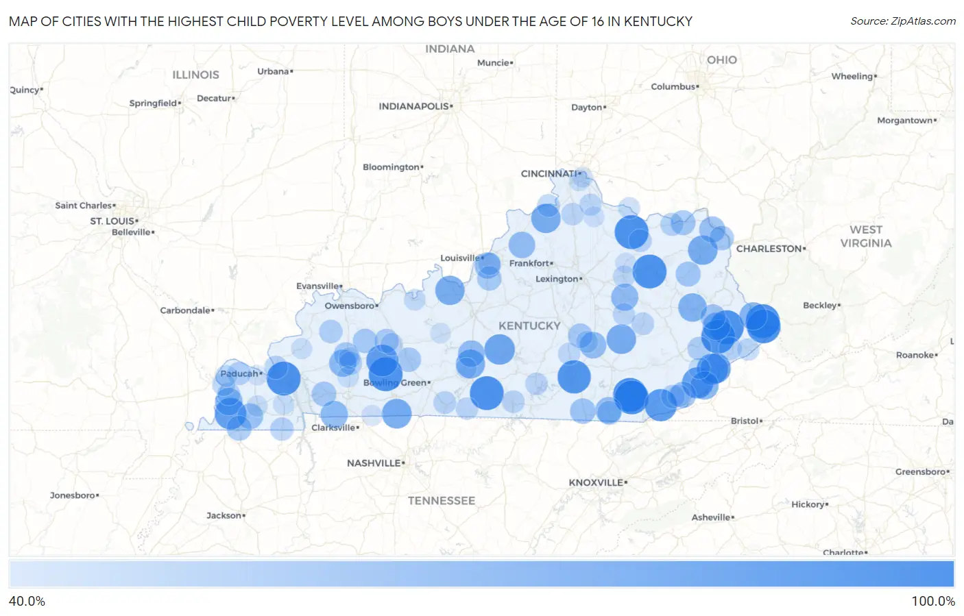 Cities with the Highest Child Poverty Level Among Boys Under the Age of 16 in Kentucky Map