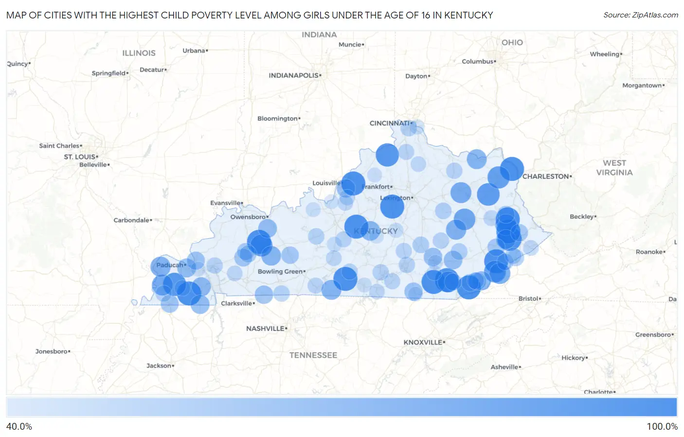 Cities with the Highest Child Poverty Level Among Girls Under the Age of 16 in Kentucky Map