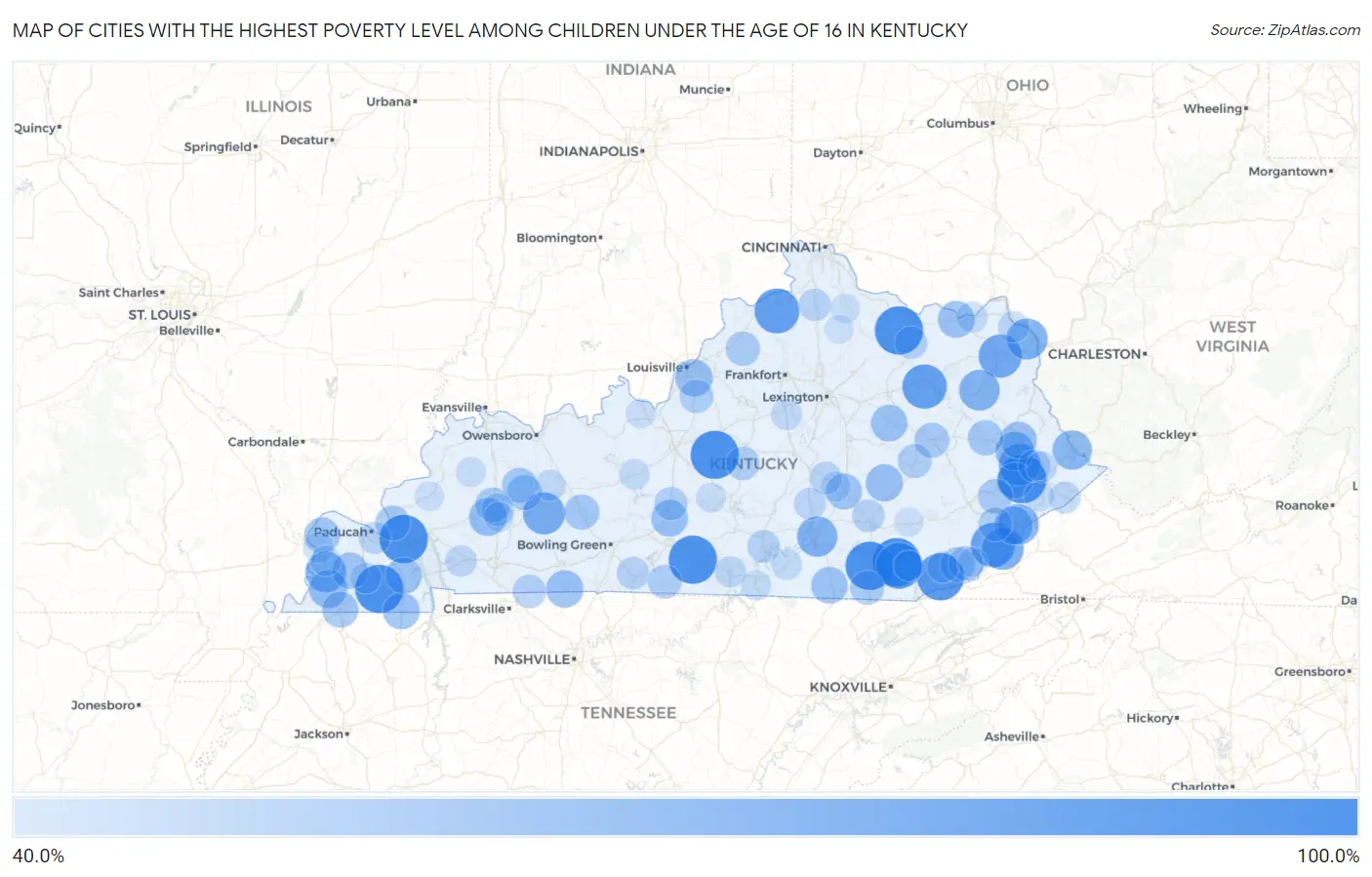 Cities with the Highest Poverty Level Among Children Under the Age of 16 in Kentucky Map