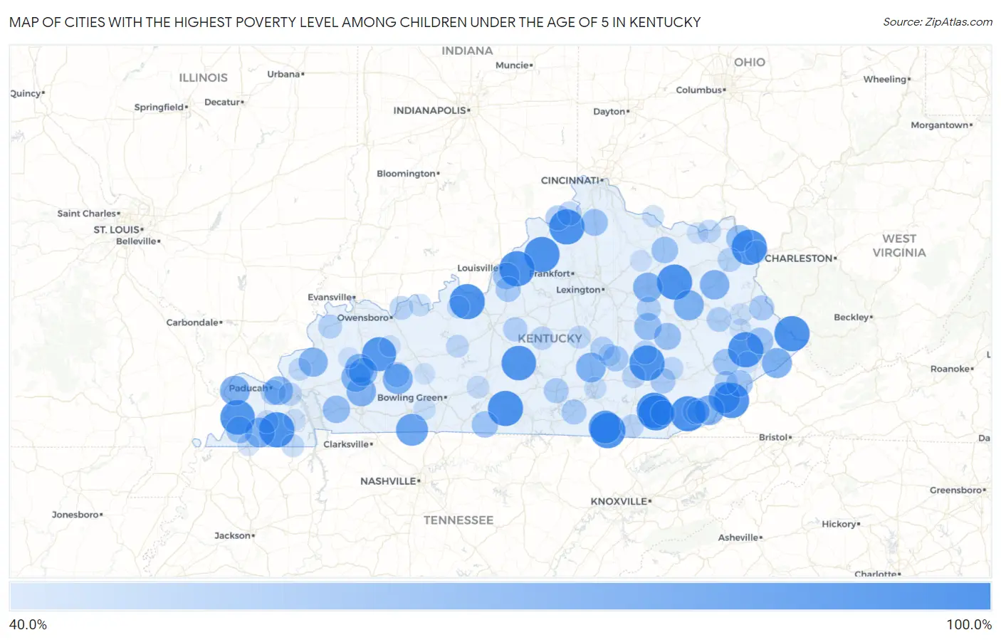 Cities with the Highest Poverty Level Among Children Under the Age of 5 in Kentucky Map