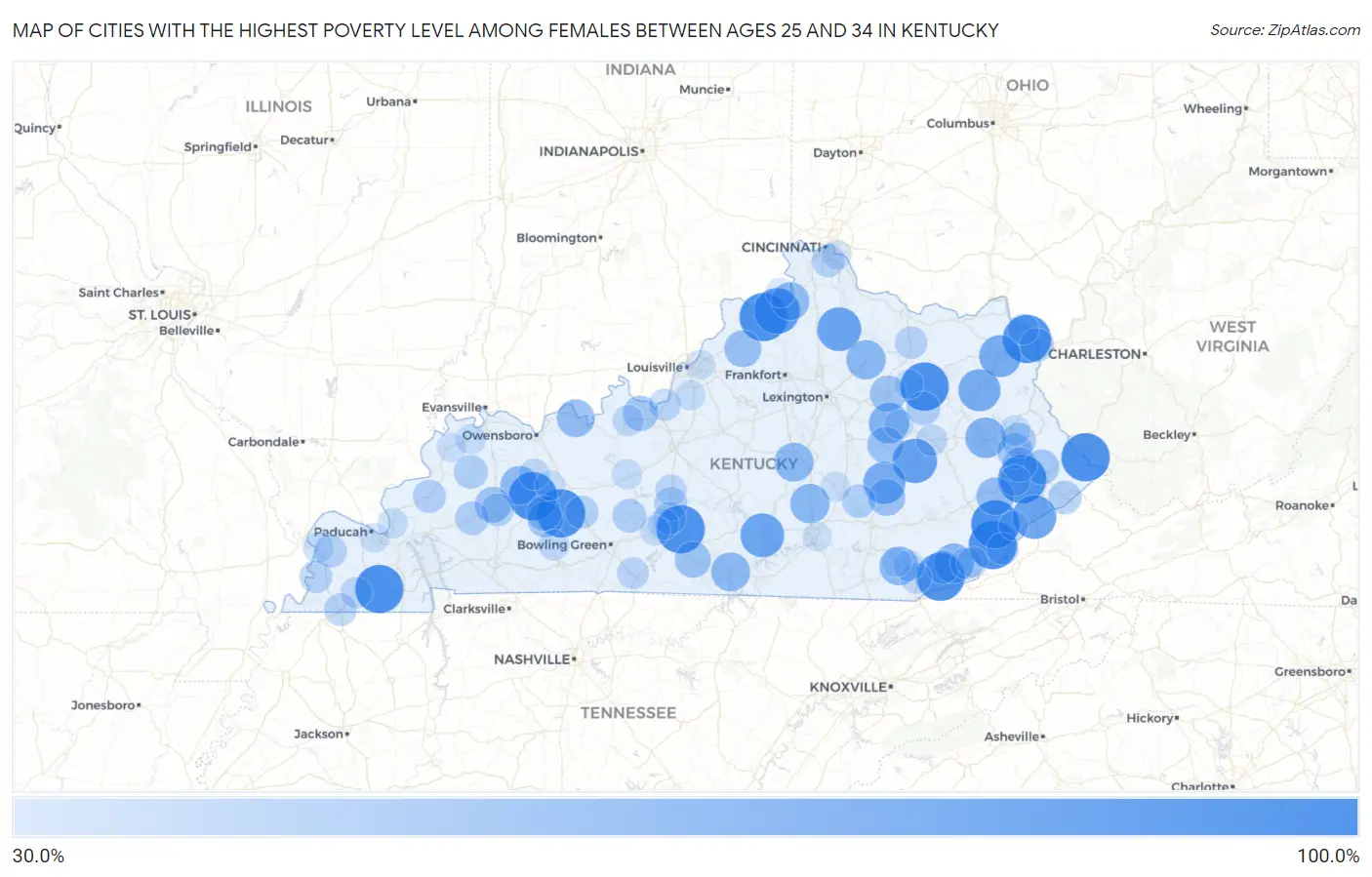 Cities with the Highest Poverty Level Among Females Between Ages 25 and 34 in Kentucky Map