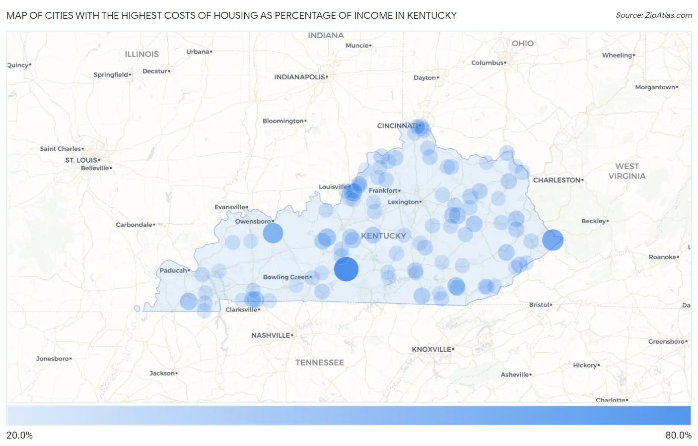 Cities with the Highest Costs of Housing as Percentage of Income in Kentucky Map