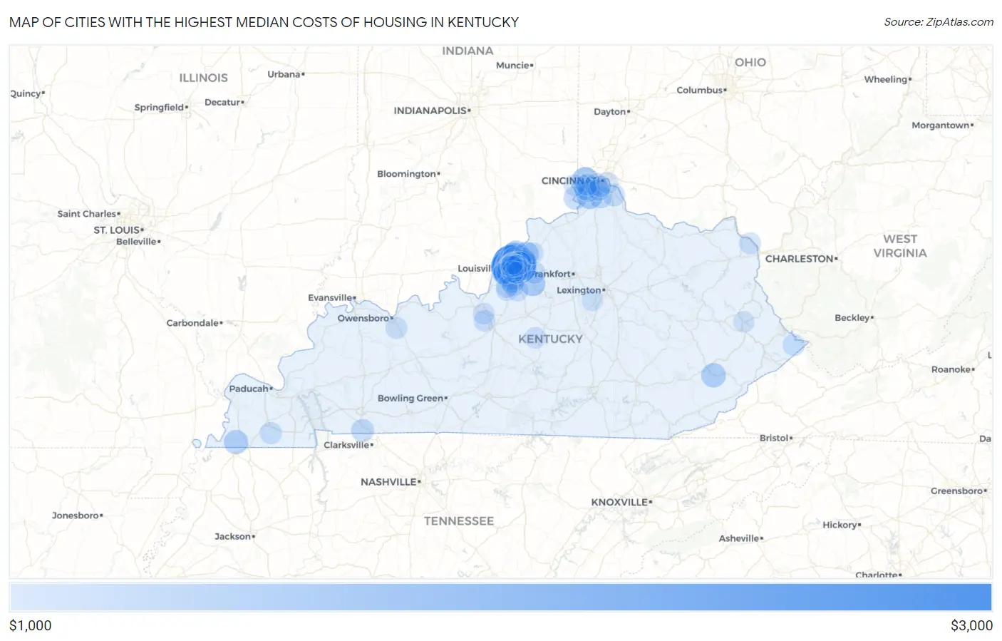Cities with the Highest Median Costs of Housing in Kentucky Map