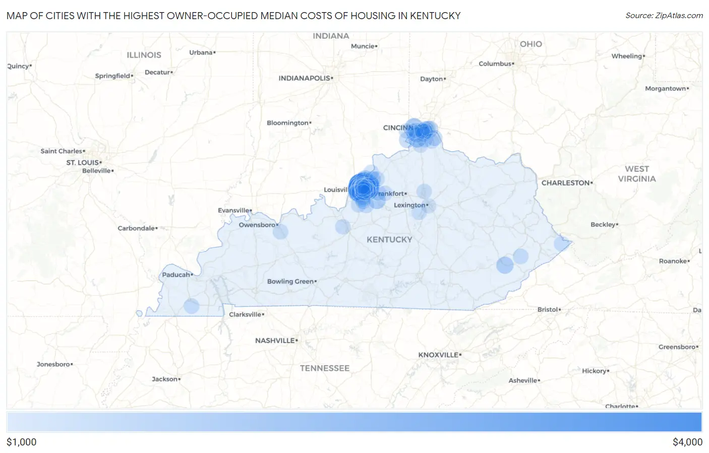 Cities with the Highest Owner-Occupied Median Costs of Housing in Kentucky Map