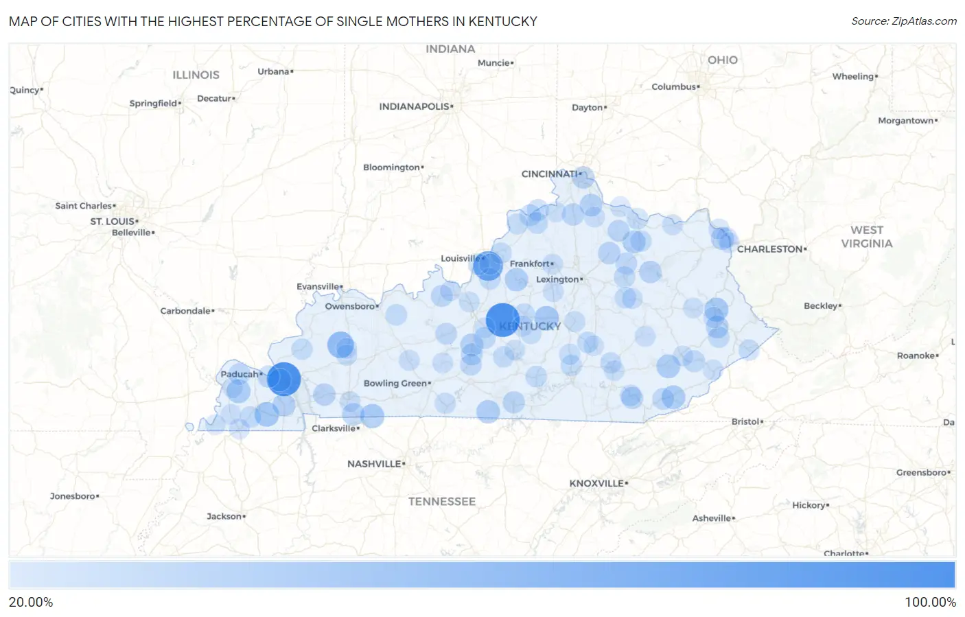 Cities with the Highest Percentage of Single Mothers in Kentucky Map