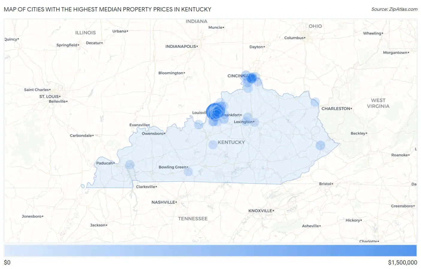 Cities with the Highest Median Property Prices in Kentucky Map