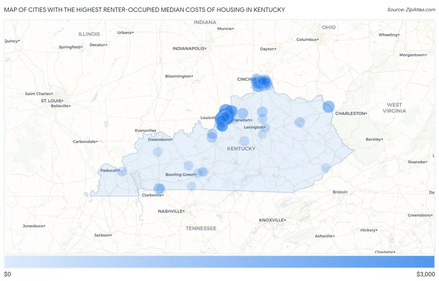 Cities with the Highest Renter-Occupied Median Costs of Housing in Kentucky Map