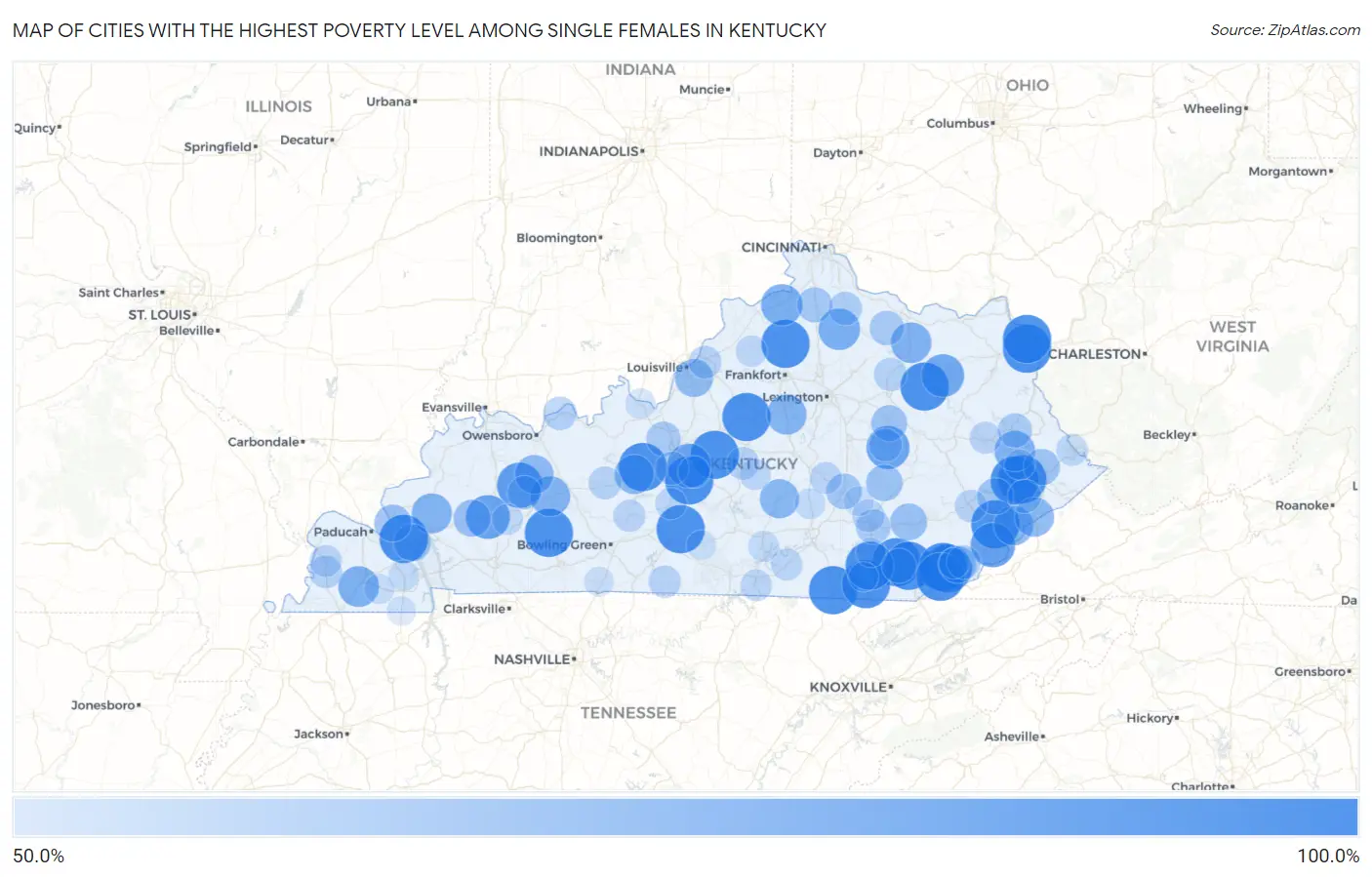 Cities with the Highest Poverty Level Among Single Females in Kentucky Map