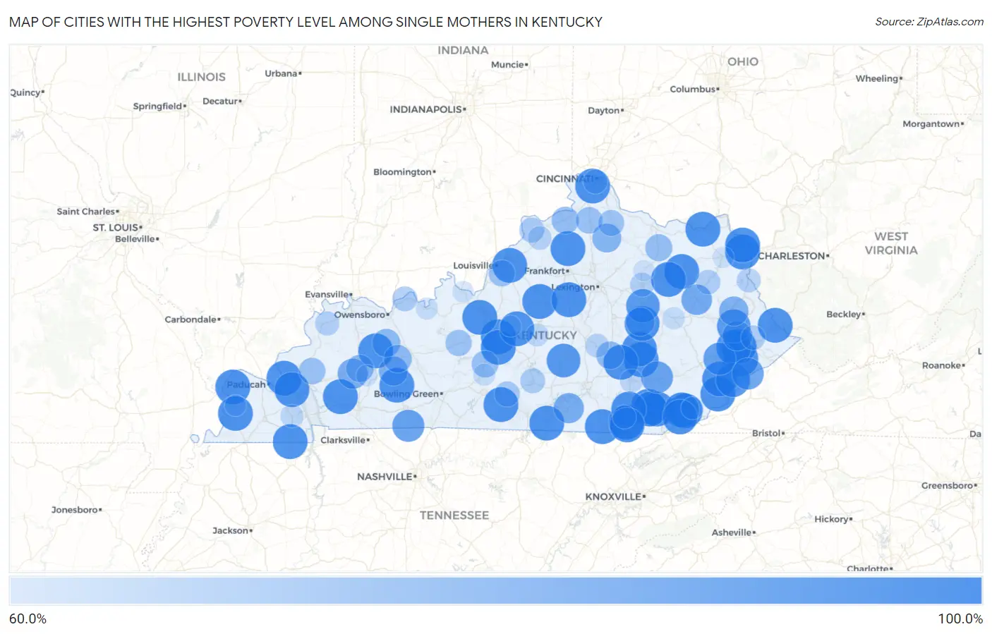 Cities with the Highest Poverty Level Among Single Mothers in Kentucky Map