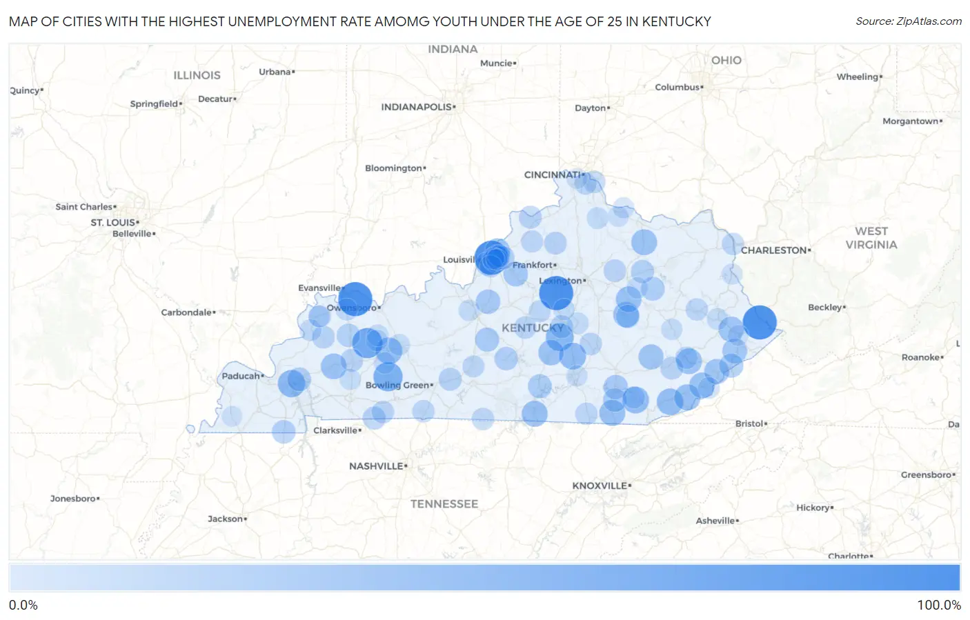 Cities with the Highest Unemployment Rate Amomg Youth Under the Age of 25 in Kentucky Map