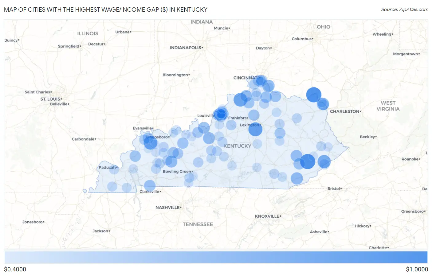 Cities with the Highest Wage/Income Gap ($) in Kentucky Map