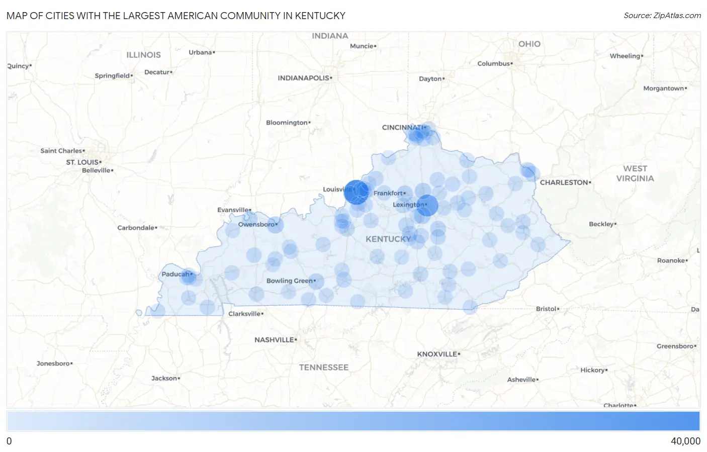 Cities with the Largest American Community in Kentucky Map