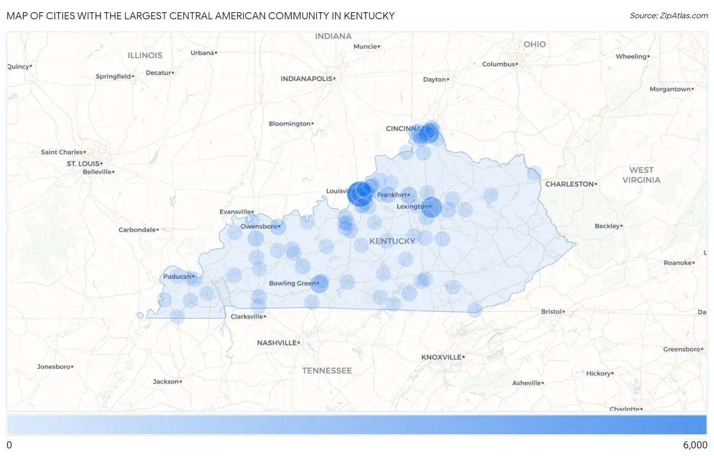 Cities with the Largest Central American Community in Kentucky Map