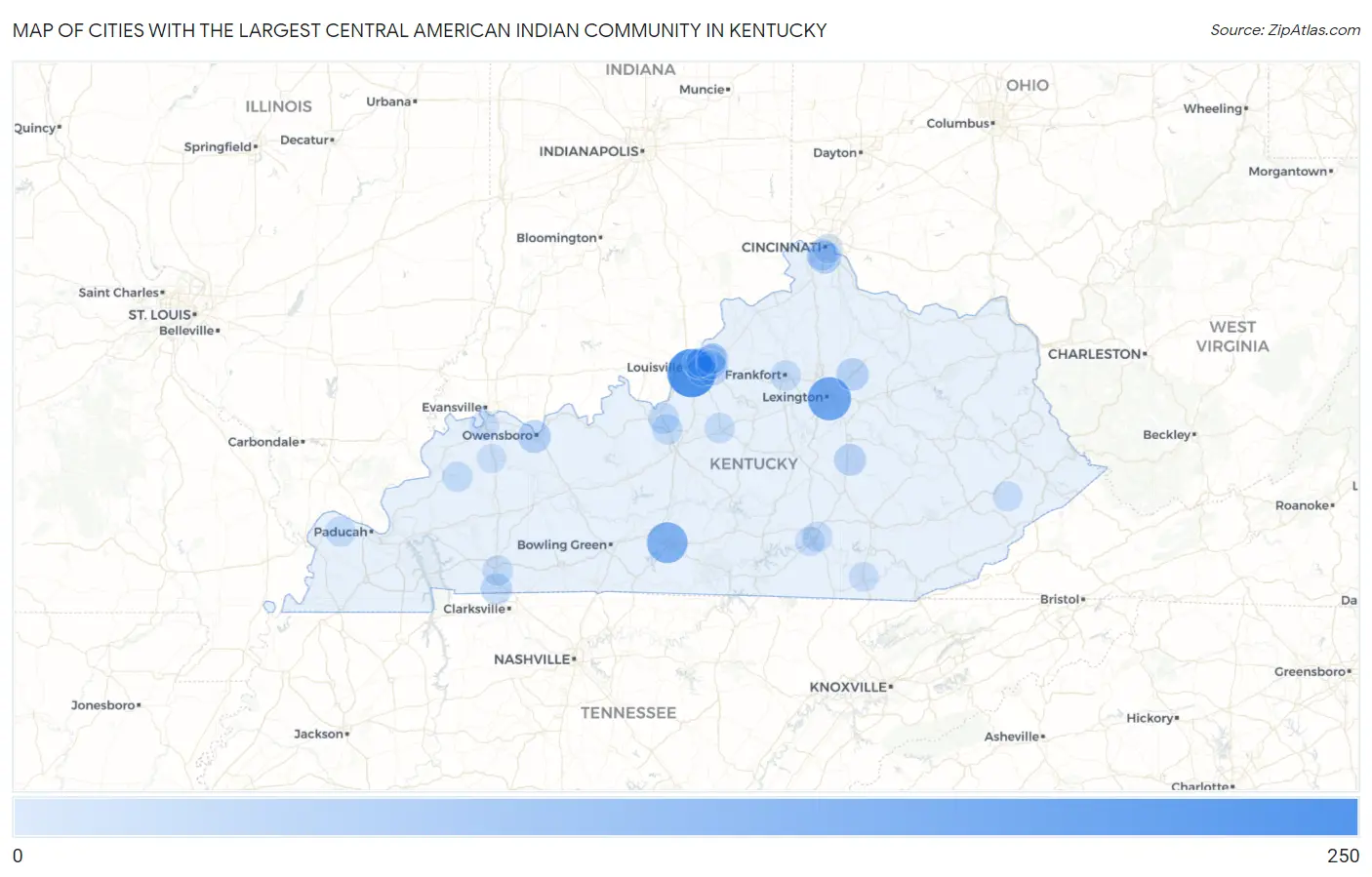 Cities with the Largest Central American Indian Community in Kentucky Map
