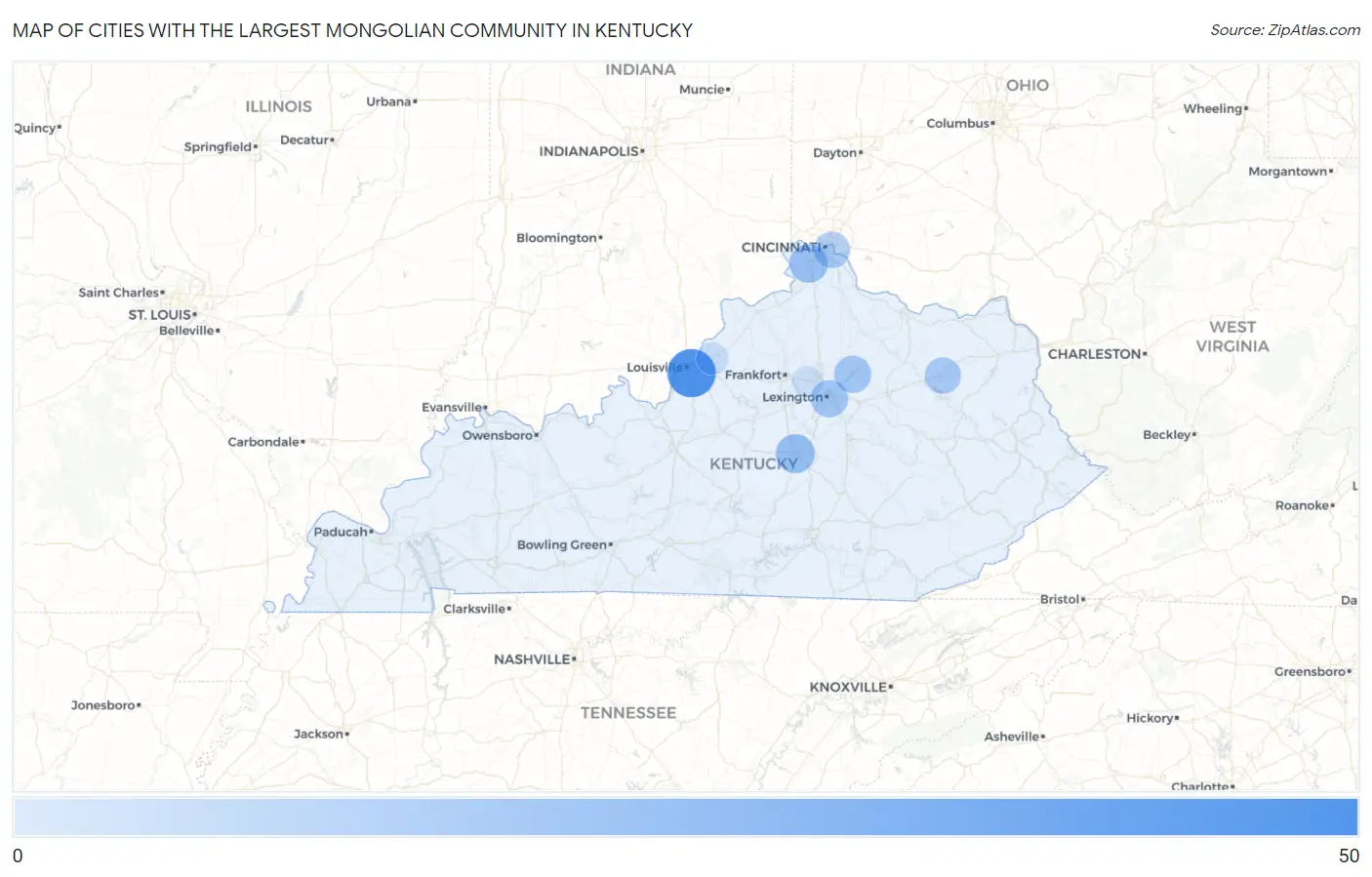 Cities with the Largest Mongolian Community in Kentucky Map
