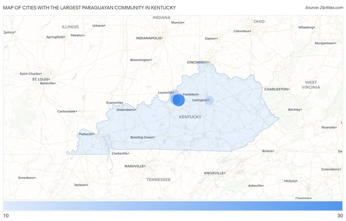 Cities with the Largest Paraguayan Community in Kentucky Map