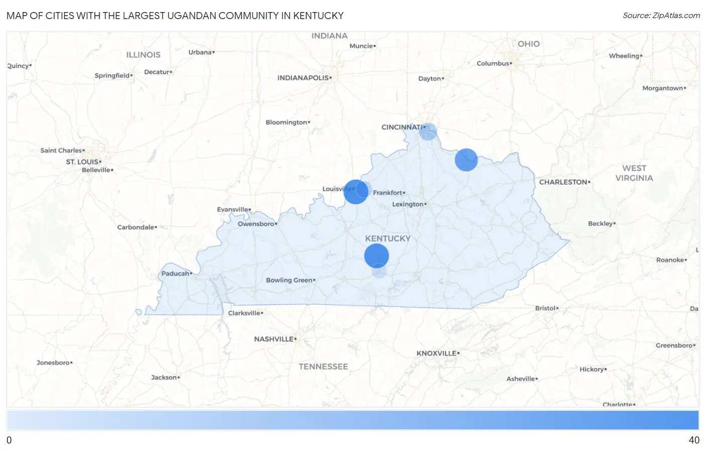 Cities with the Largest Ugandan Community in Kentucky Map