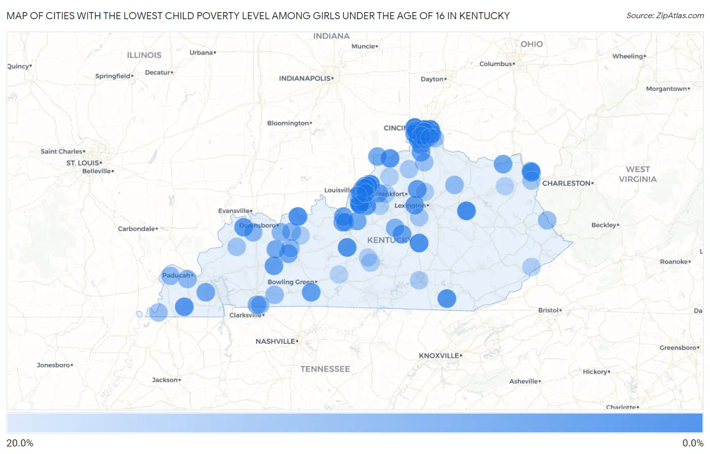 Cities with the Lowest Child Poverty Level Among Girls Under the Age of 16 in Kentucky Map