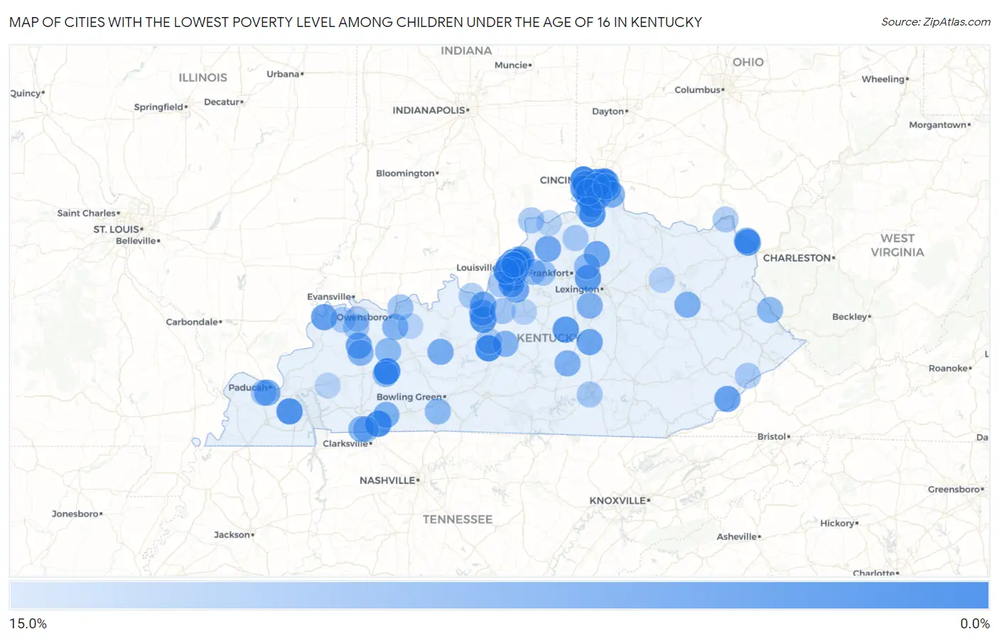 Cities with the Lowest Poverty Level Among Children Under the Age of 16 in Kentucky Map