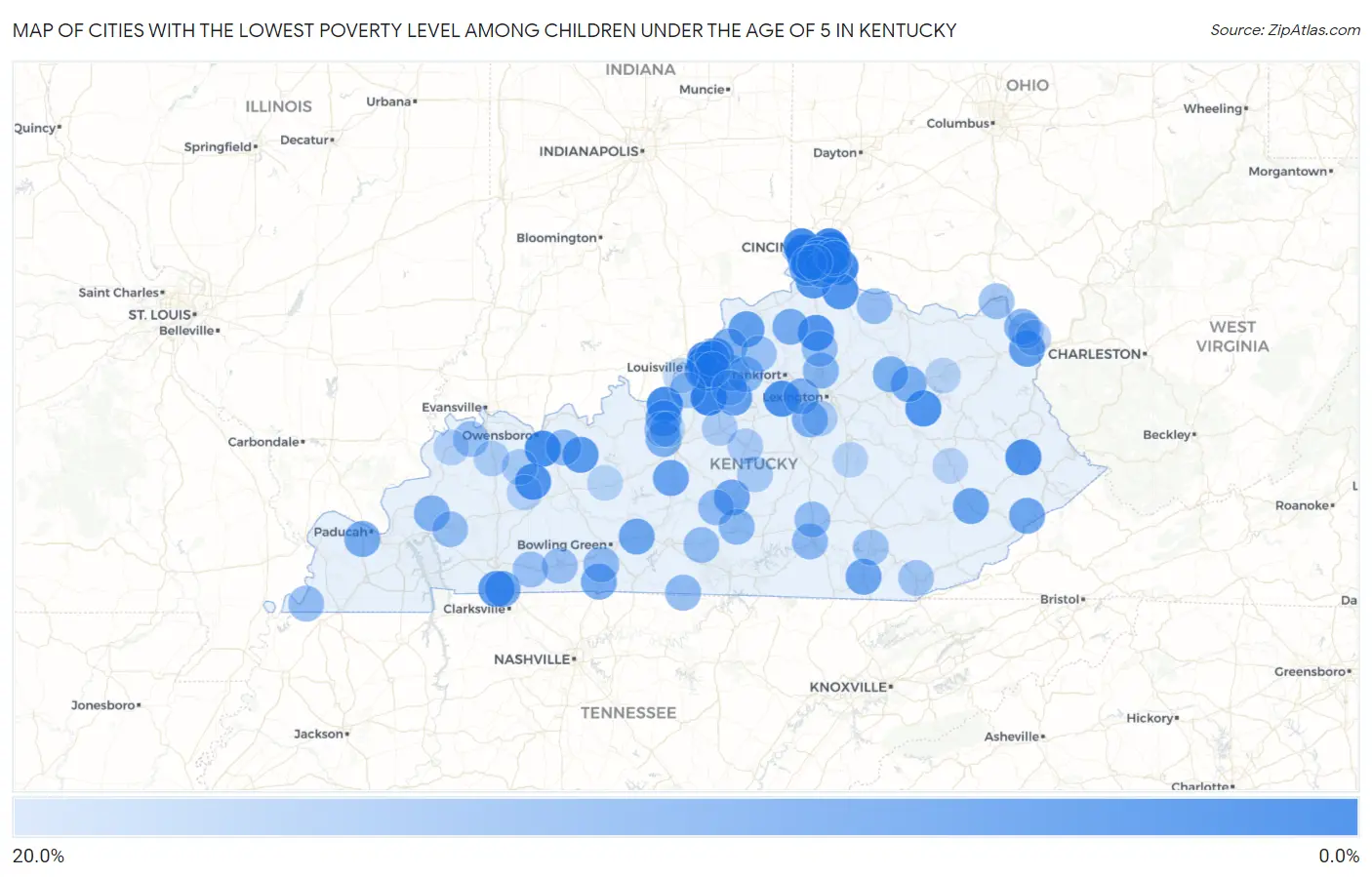 Cities with the Lowest Poverty Level Among Children Under the Age of 5 in Kentucky Map