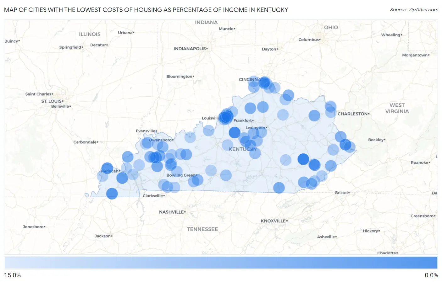Cities with the Lowest Costs of Housing as Percentage of Income in Kentucky Map