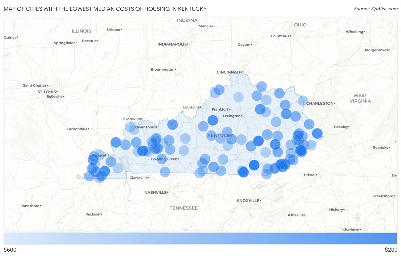 Cities with the Lowest Median Costs of Housing in Kentucky Map
