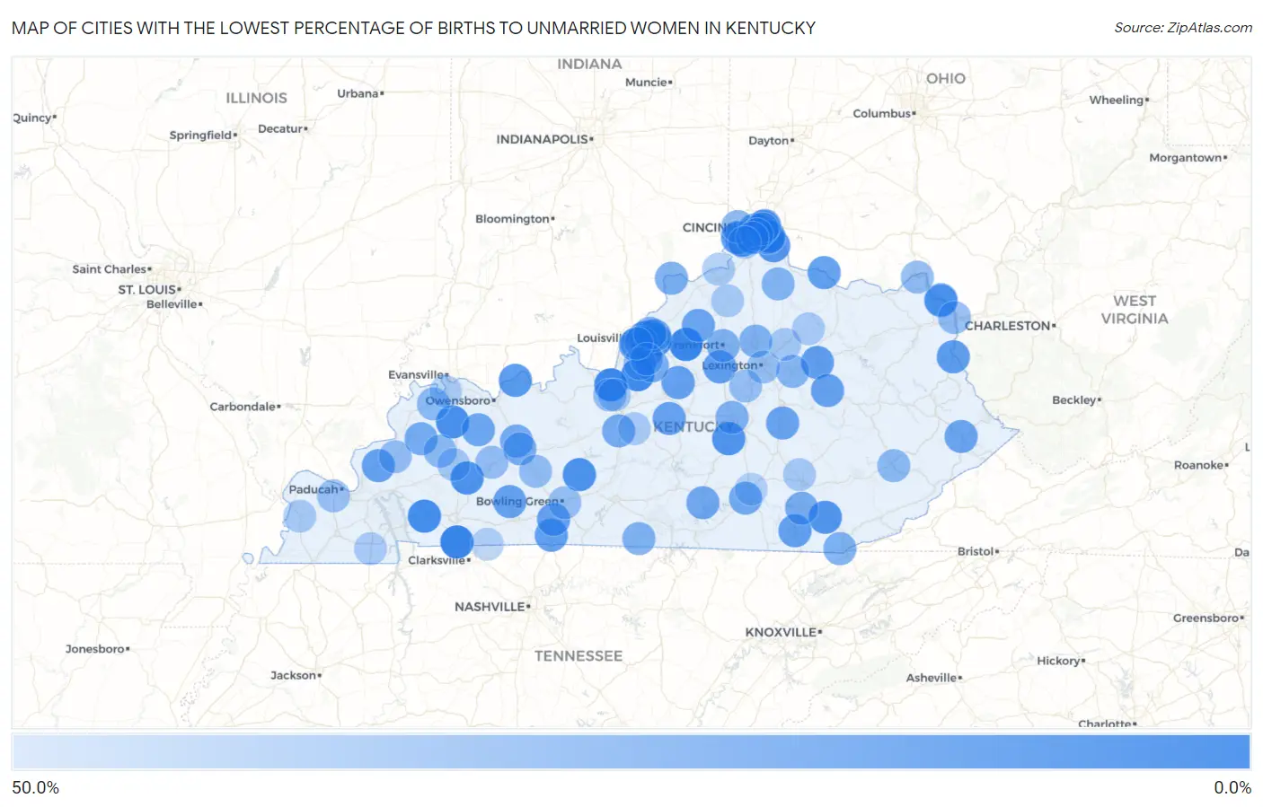 Cities with the Lowest Percentage of Births to Unmarried Women in Kentucky Map