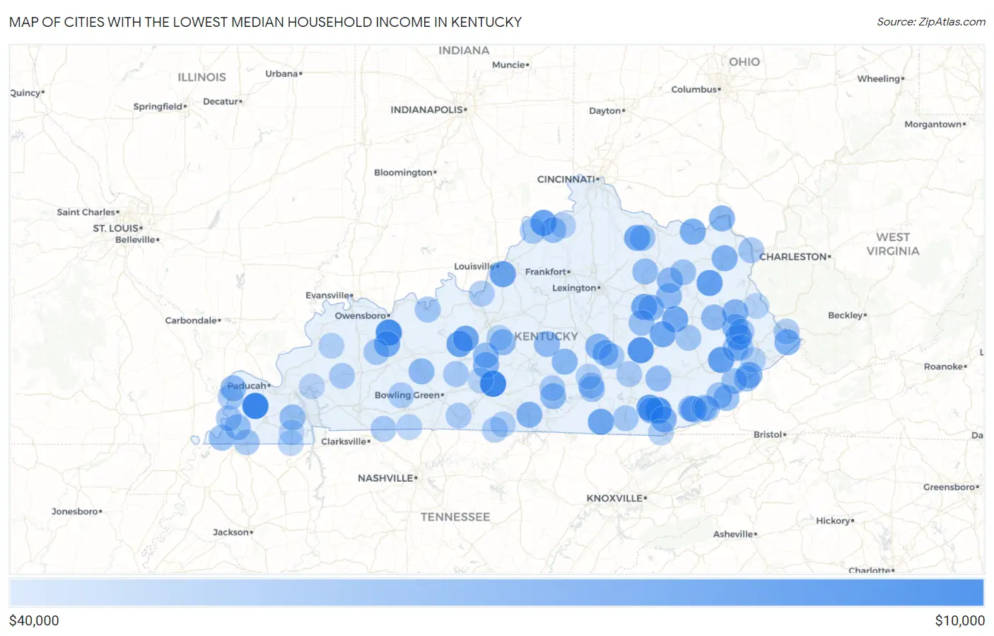 Cities with the Lowest Median Household Income in Kentucky Map