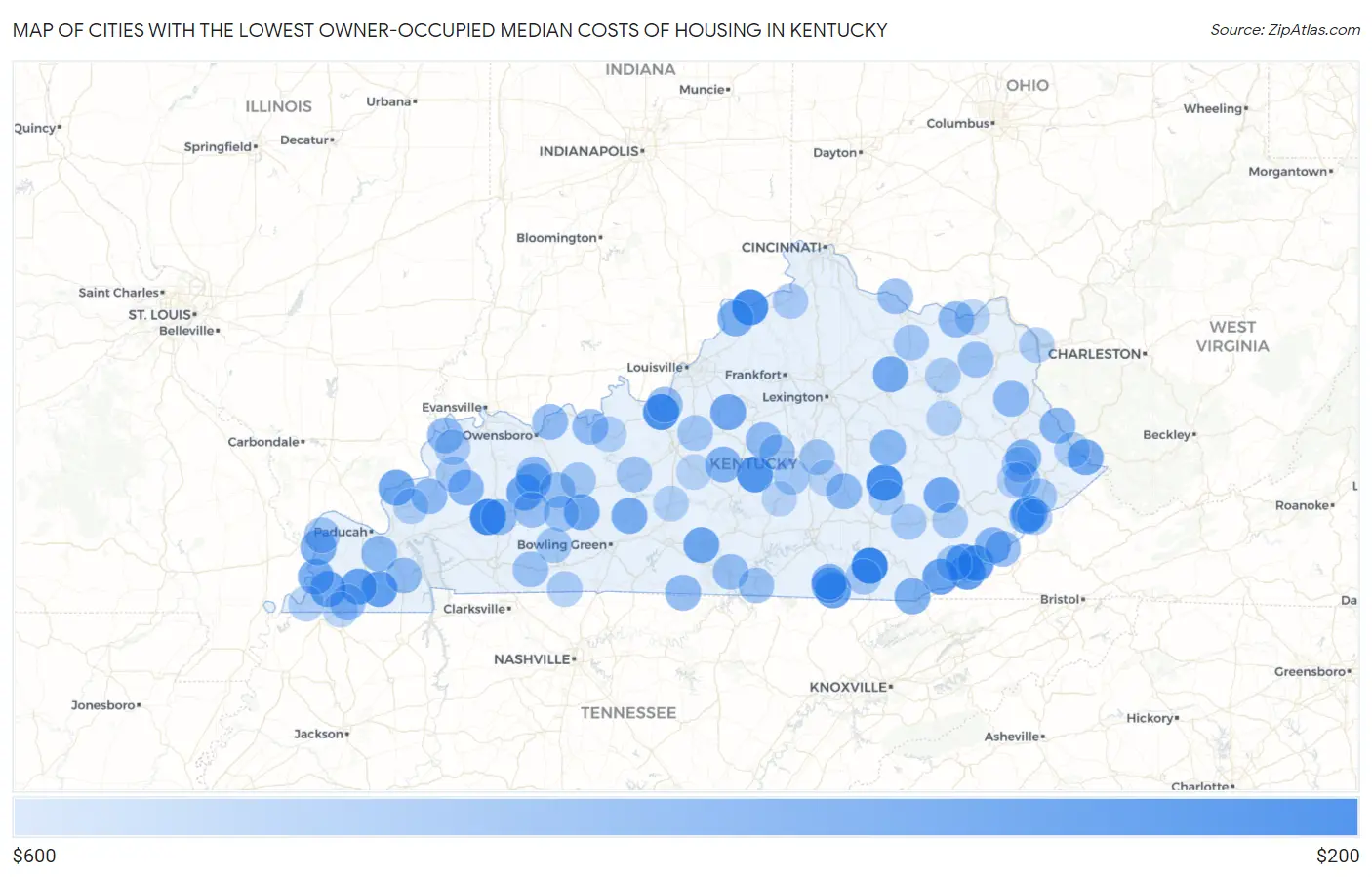 Cities with the Lowest Owner-Occupied Median Costs of Housing in Kentucky Map