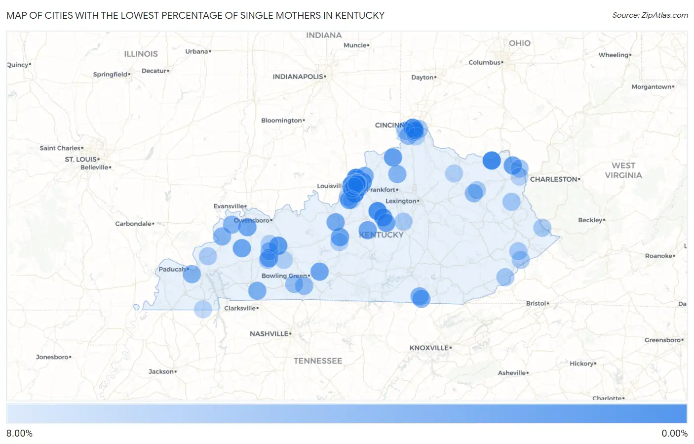 Cities with the Lowest Percentage of Single Mothers in Kentucky Map