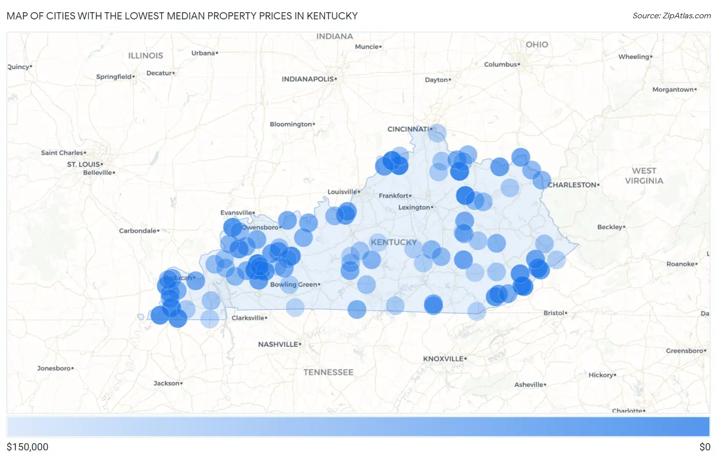 Cities with the Lowest Median Property Prices in Kentucky Map