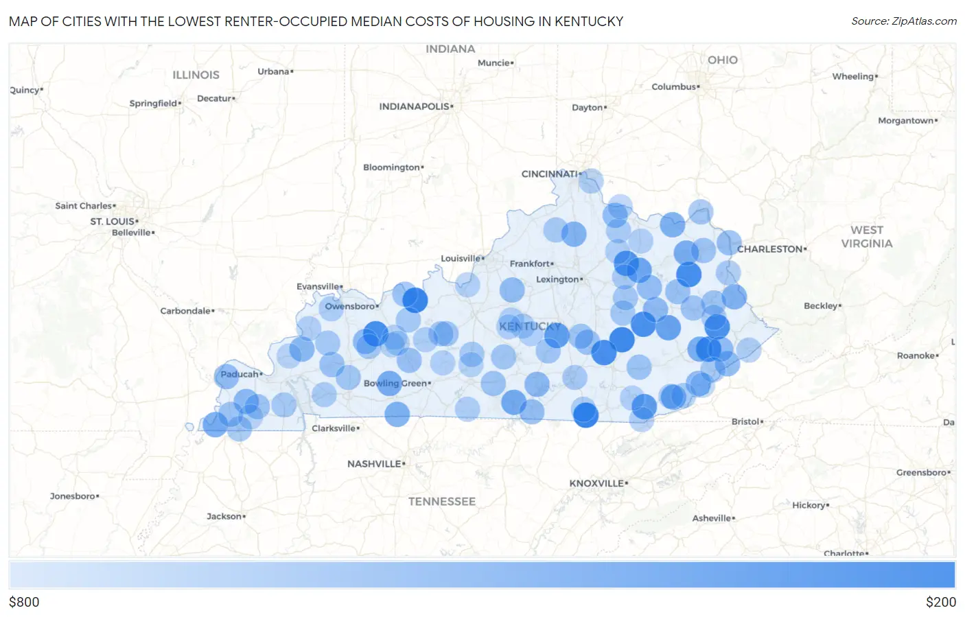 Cities with the Lowest Renter-Occupied Median Costs of Housing in Kentucky Map