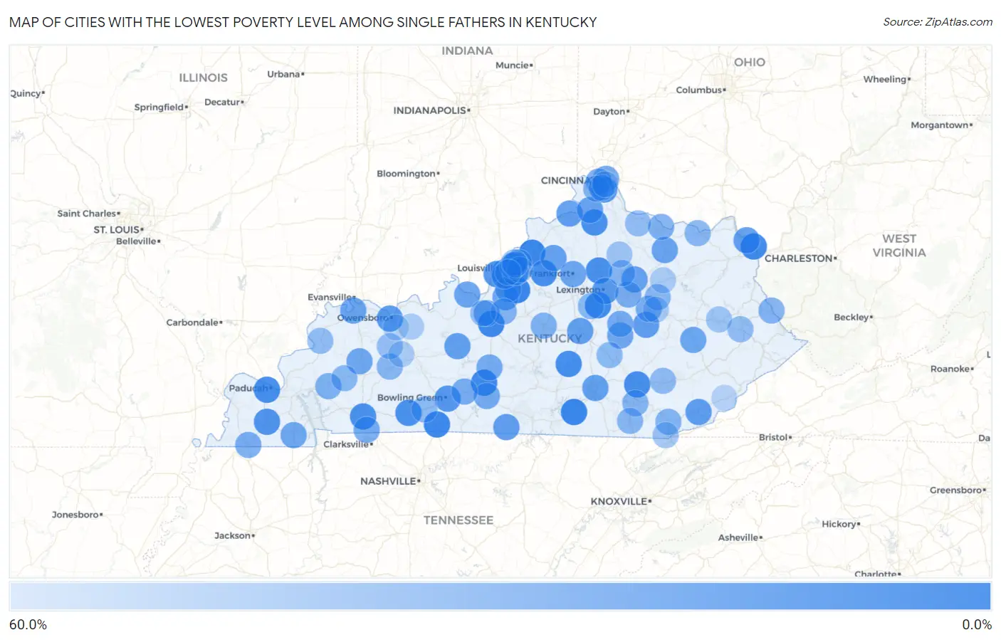 Cities with the Lowest Poverty Level Among Single Fathers in Kentucky Map