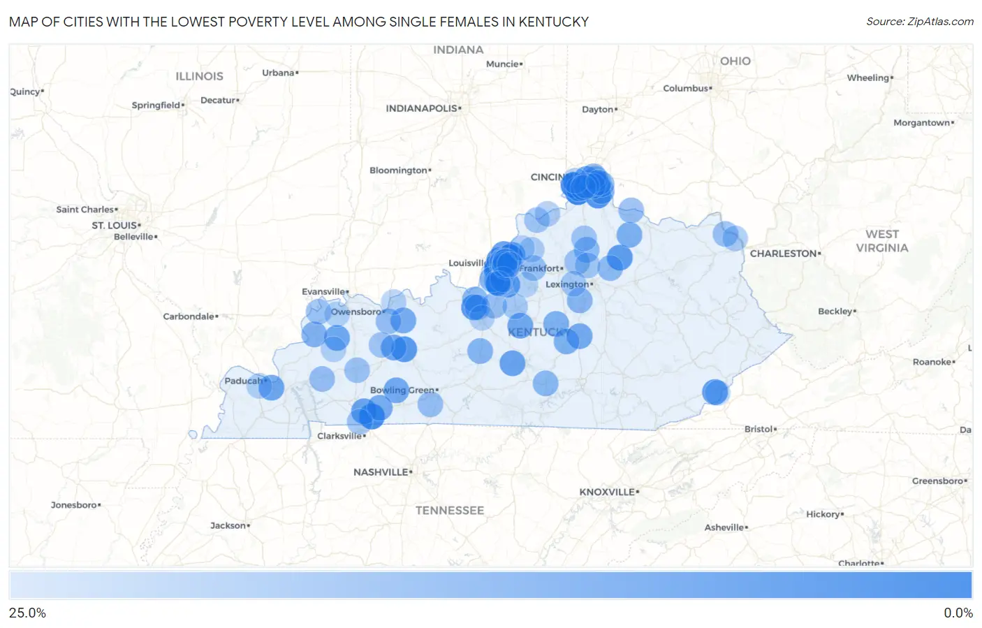 Cities with the Lowest Poverty Level Among Single Females in Kentucky Map
